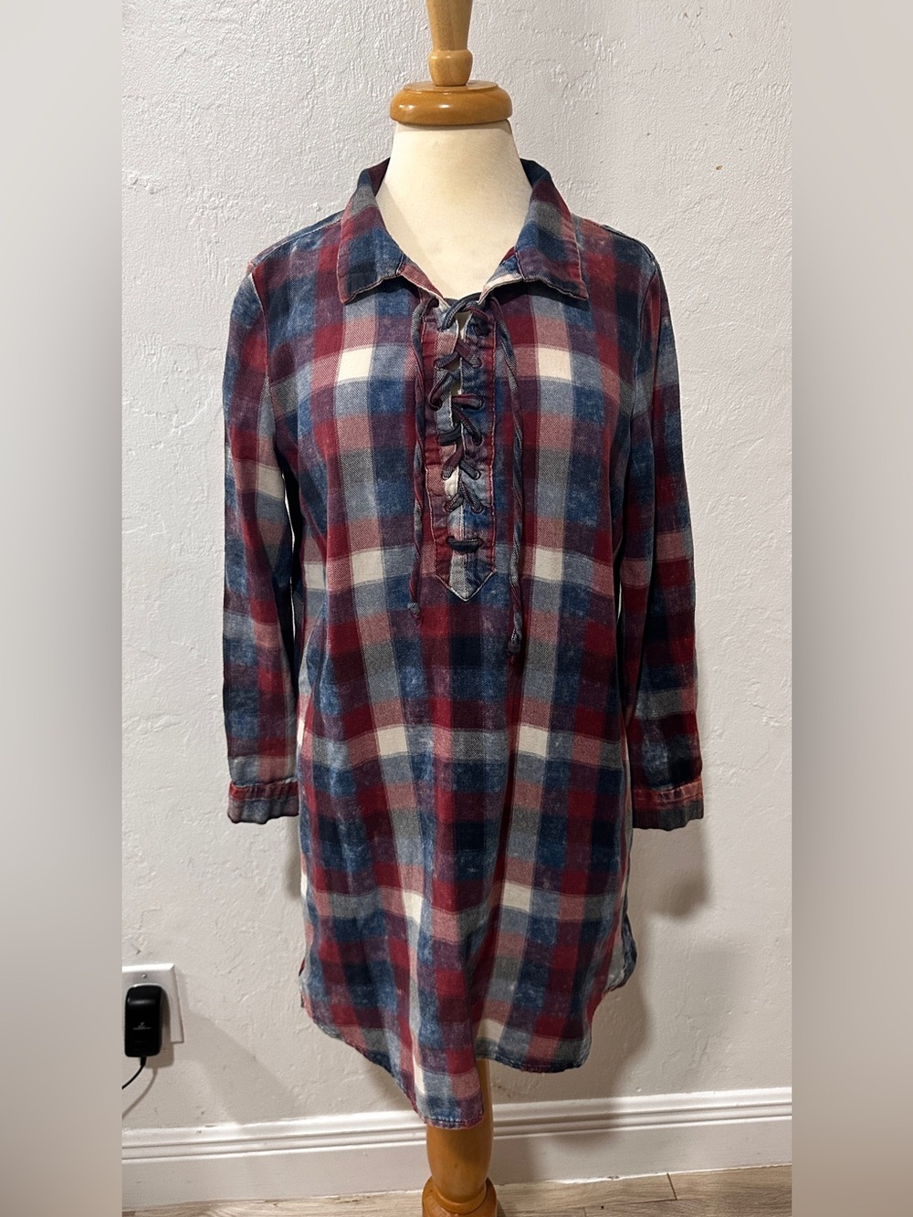 Vintage Havana Plaid Lace-Up Tunic Shirt Dress Size S 100% Cotton
